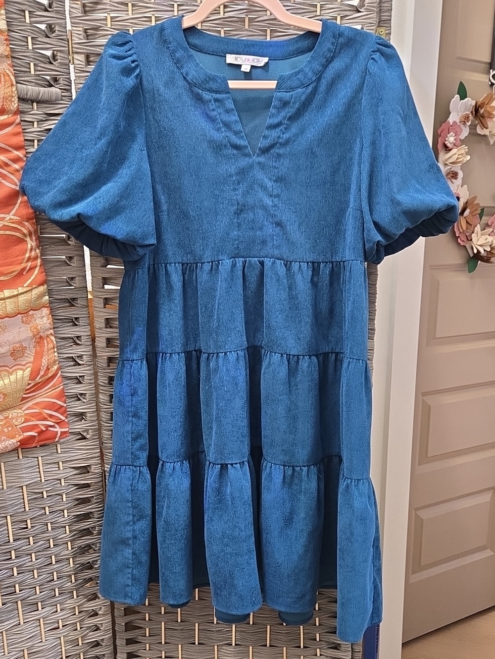 Joy Joy Corduroy Tiered Puff-Sleeve Mini Dress in Teal Blue